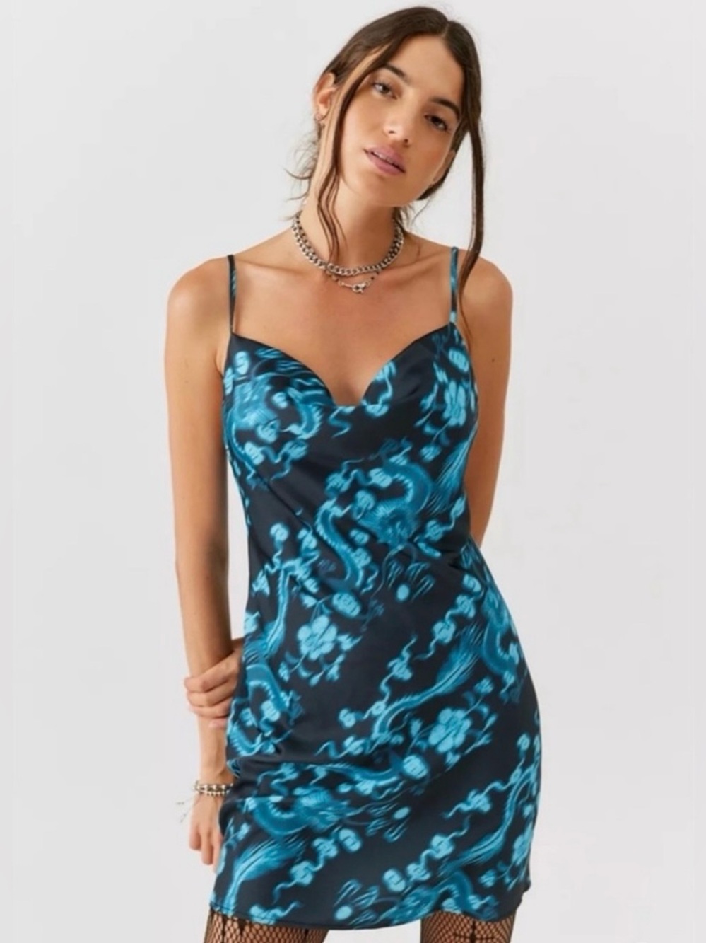UO Blue Printed Mallory Cowl Neck Slip Dress Mini Satin Party Date Night